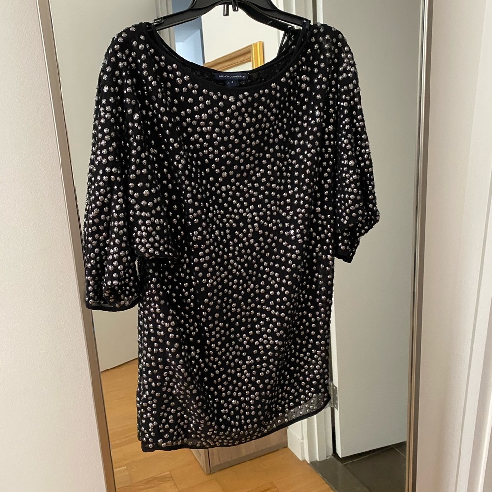 French Connection black studded silk chiffon dress